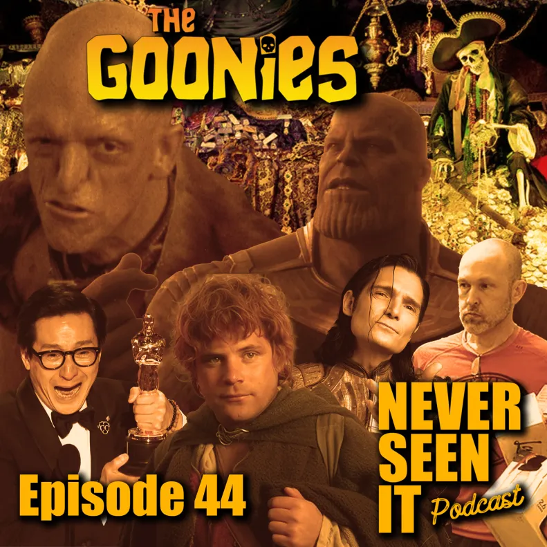 New episode of Never Seen It Podcast diving into 1985 classic The Goonies with stories about childhood mishaps, spicy BBQ tales, signature dance moves, and accidental innuendo moments. A fun, wild ride of laughs and chaos!